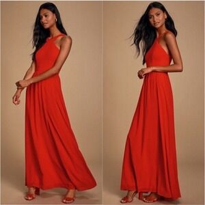 Lulus Maxi Dress Small Red Air of Romance Halter Bridesmaid‎ Wedding Evening NWT